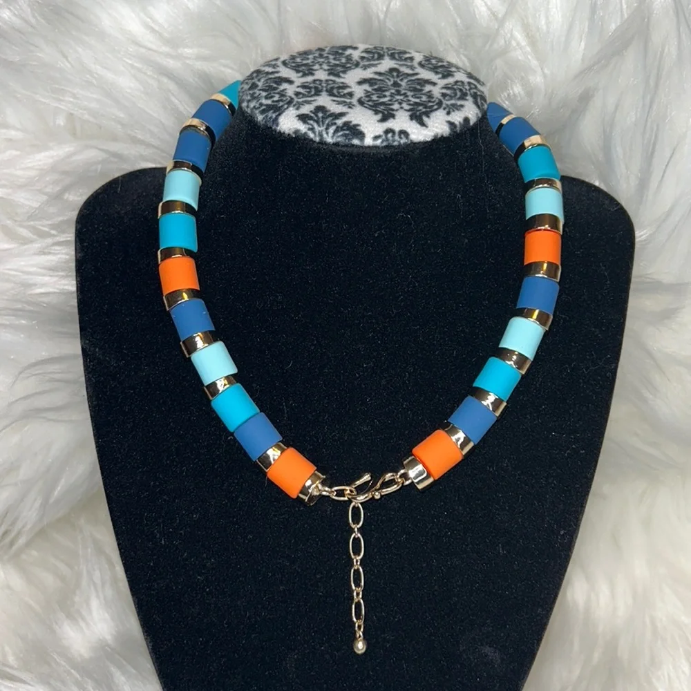 NWT ISAAC MIZRAHI Necklace Orange, Blue & Gold - Picture 4 of 7